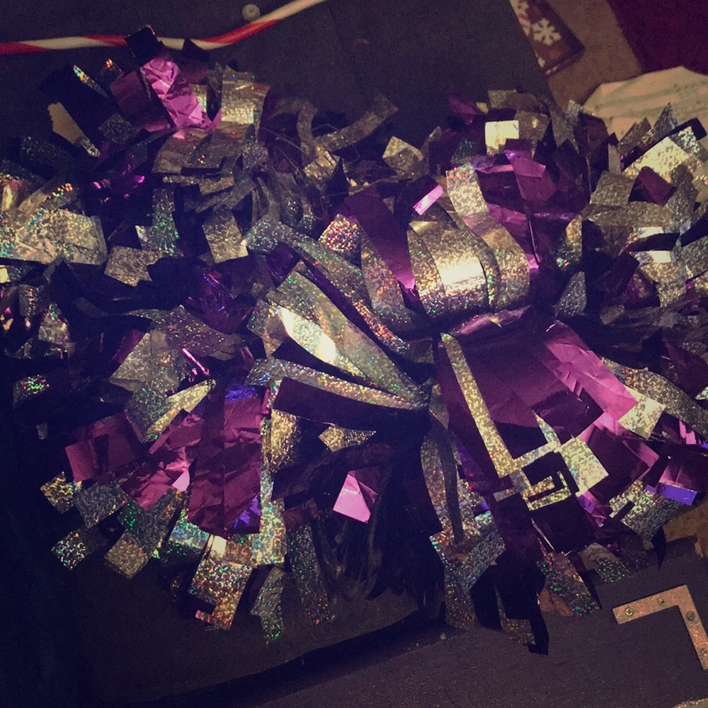 Varsity cheer pom poms purple and silver